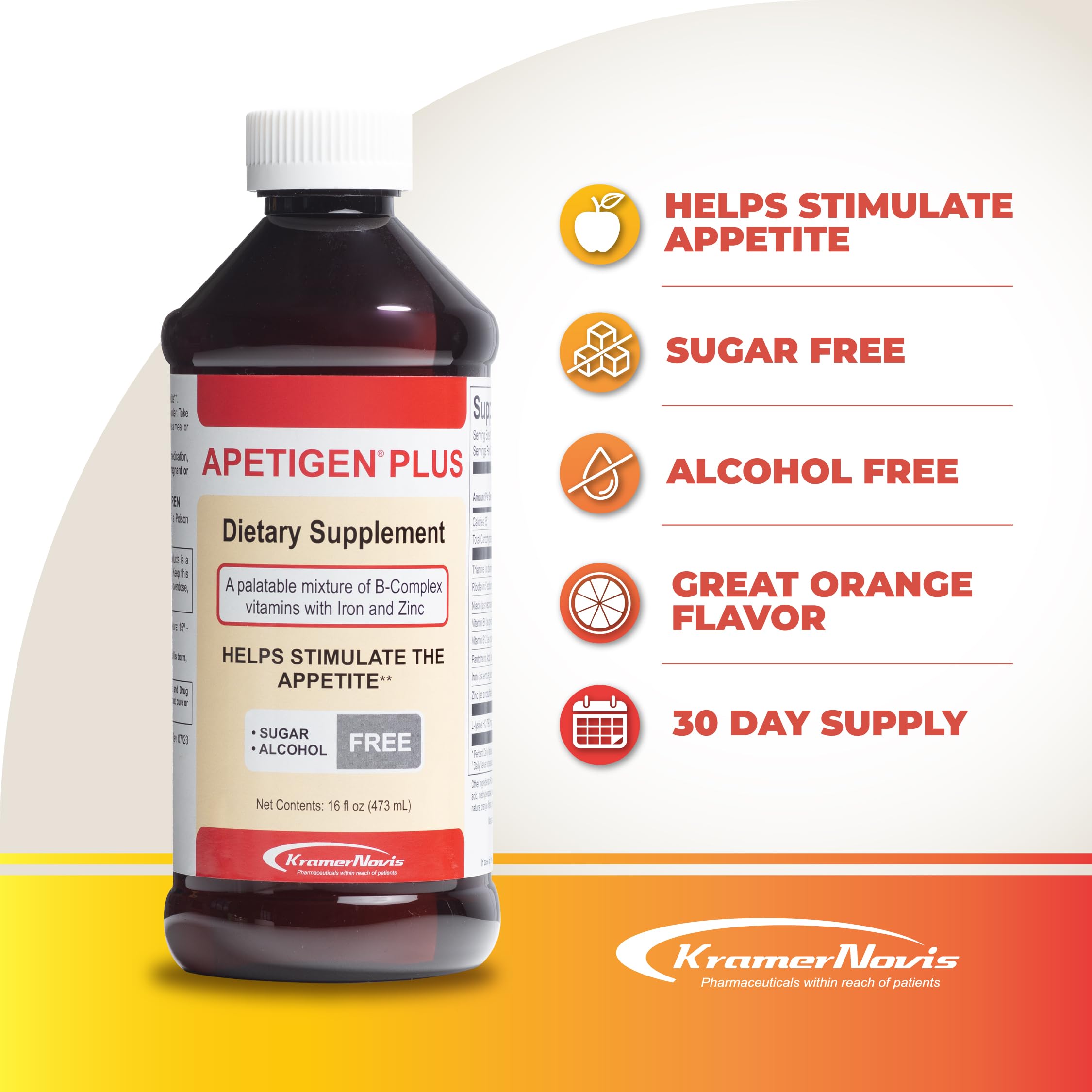 Apetigen-Plus orange liquid showcases a sugar-free, kid-friendly flavor.