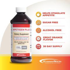 Apetigen-Plus orange liquid showcases a sugar-free, kid-friendly flavor.