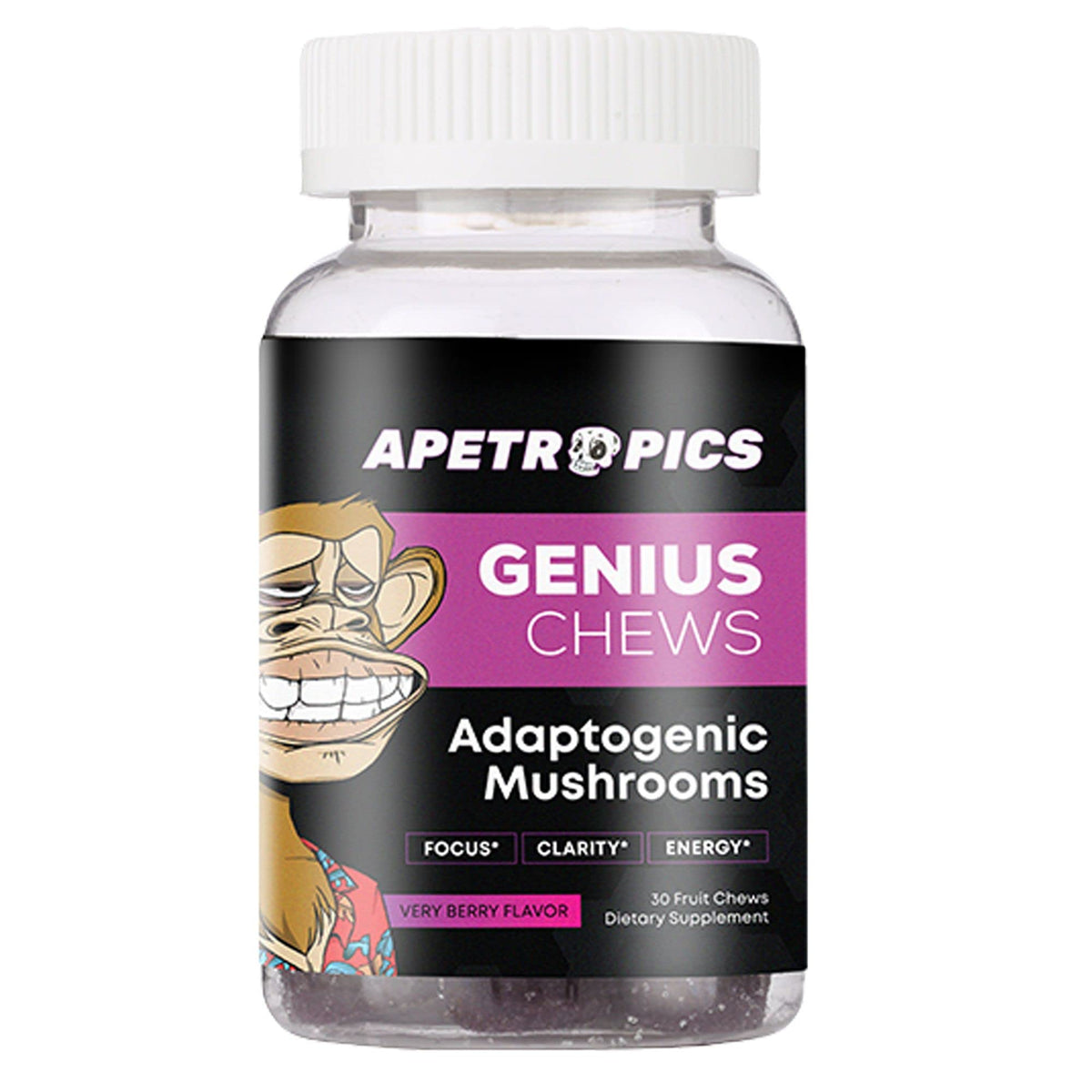 Apetropics Genius Chews bottle label with berry flavor and daily brain-support potential