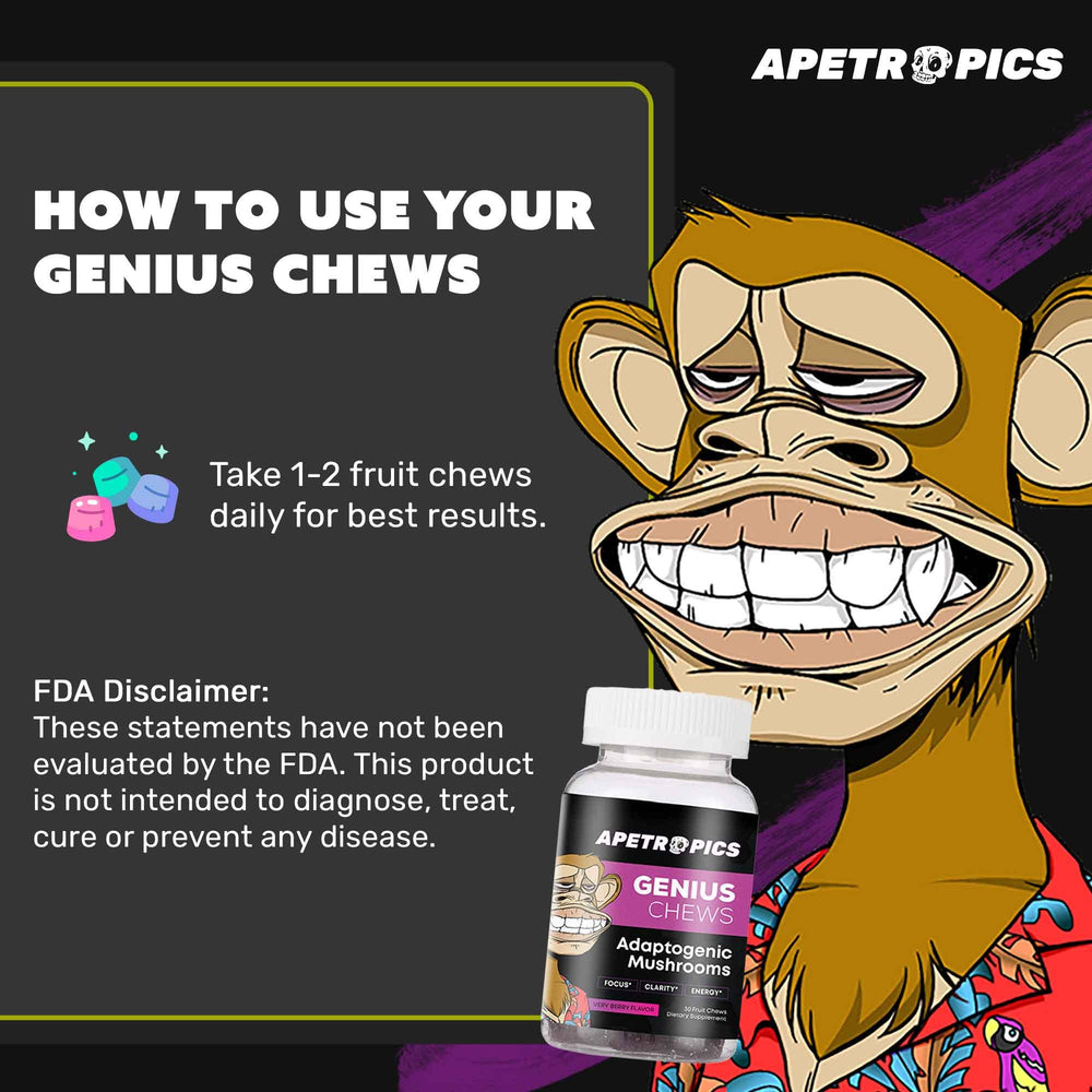 Apetropics Genius Chews ingredients list highlighting Lion’s Mane and Cordyceps