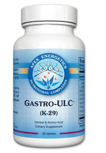 Apex Energetics Gastro-ULC bottle label shows the licorice-L-glutamine blend for gut support.