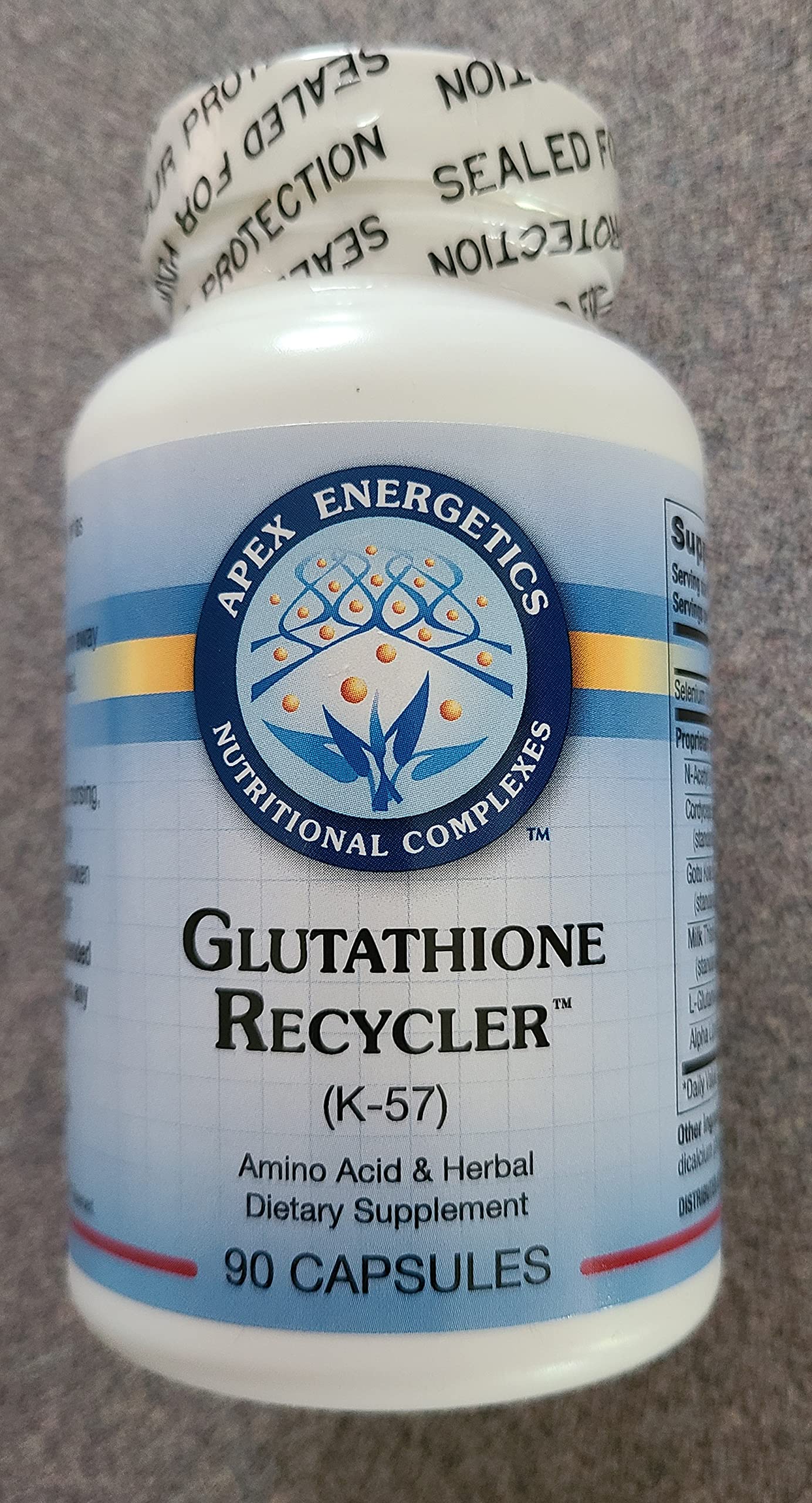 Apex Energetics Glutathione Recycler bottle highlights premium intracellular support for oxidative balance.