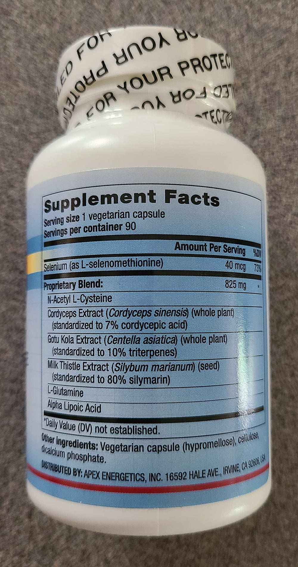 Apex Energetics Glutathione Recycler ingredients highlight key cofactors supporting cellular antioxidant activity.