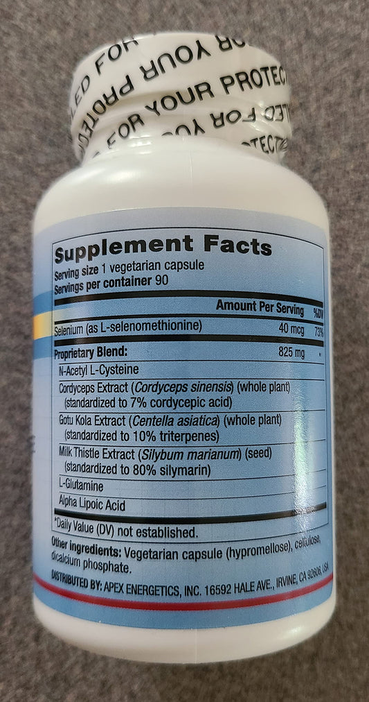 Apex Energetics Glutathione Recycler ingredients highlight key cofactors supporting cellular antioxidant activity.