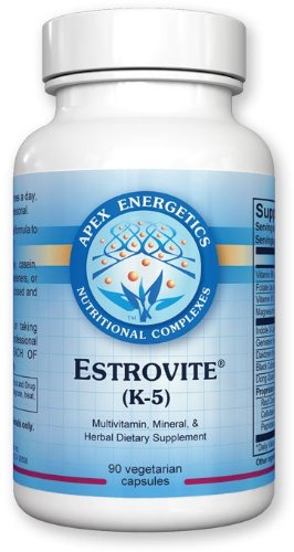 Apex Energetics K-5 Estrovite bottle caps support daily estrogen metabolism.