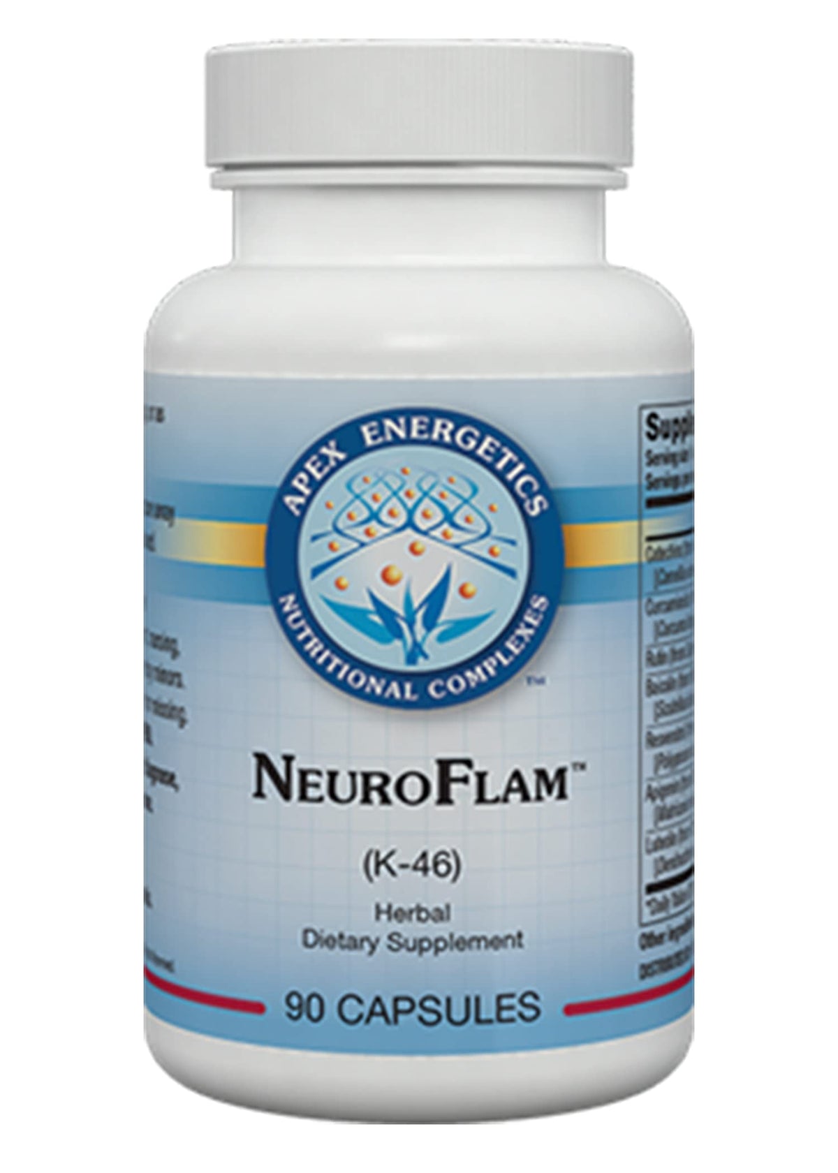 Apex Energetics NeuroFlam K-46 bottle on a clean desk for daily routine