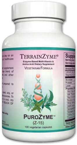 Apex Energetics Puro-Zyme TerrainZyme bottle on display, highlighting a proteolytic enzyme blend for overall wellness.