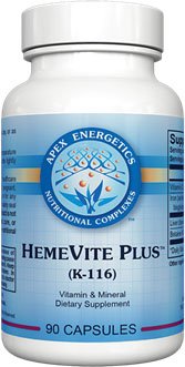 APEX HemeVite Plus bottle shows iron-rich supplement with liver extract for daily support.