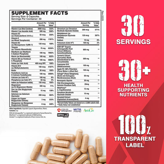Apollon Nutrition Multivitamin bottle label close-up highlights chelated minerals.
