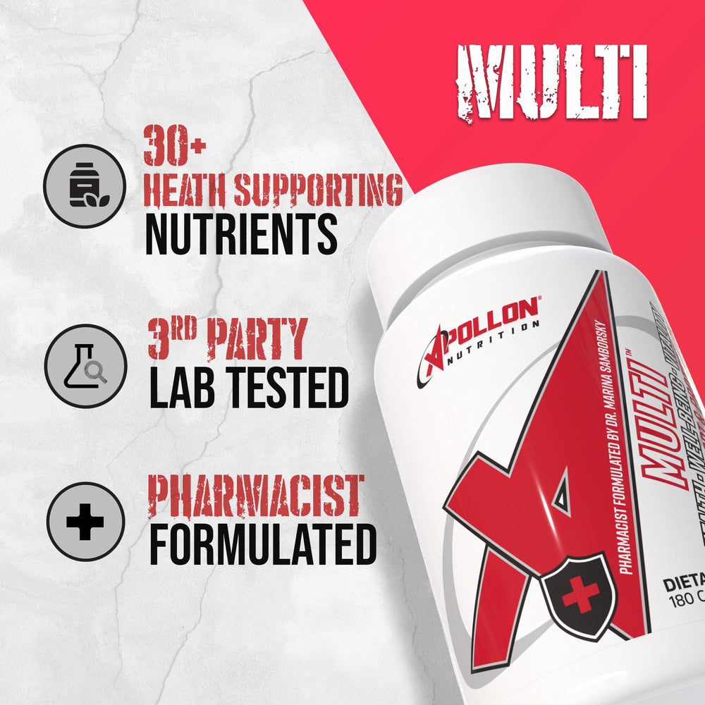 Apollon Nutrition Multivitamin bottle stack implies a compact, consistent supply.