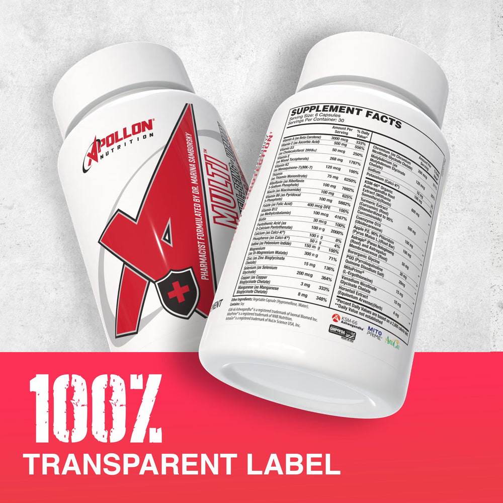 Apollon Nutrition Multivitamin bottle with glass demonstrates everyday wellness usage.