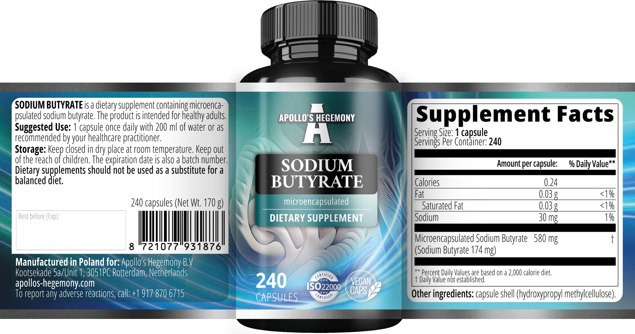 APOLLO'S HEGEMONY wellness product shot suggests gut health support