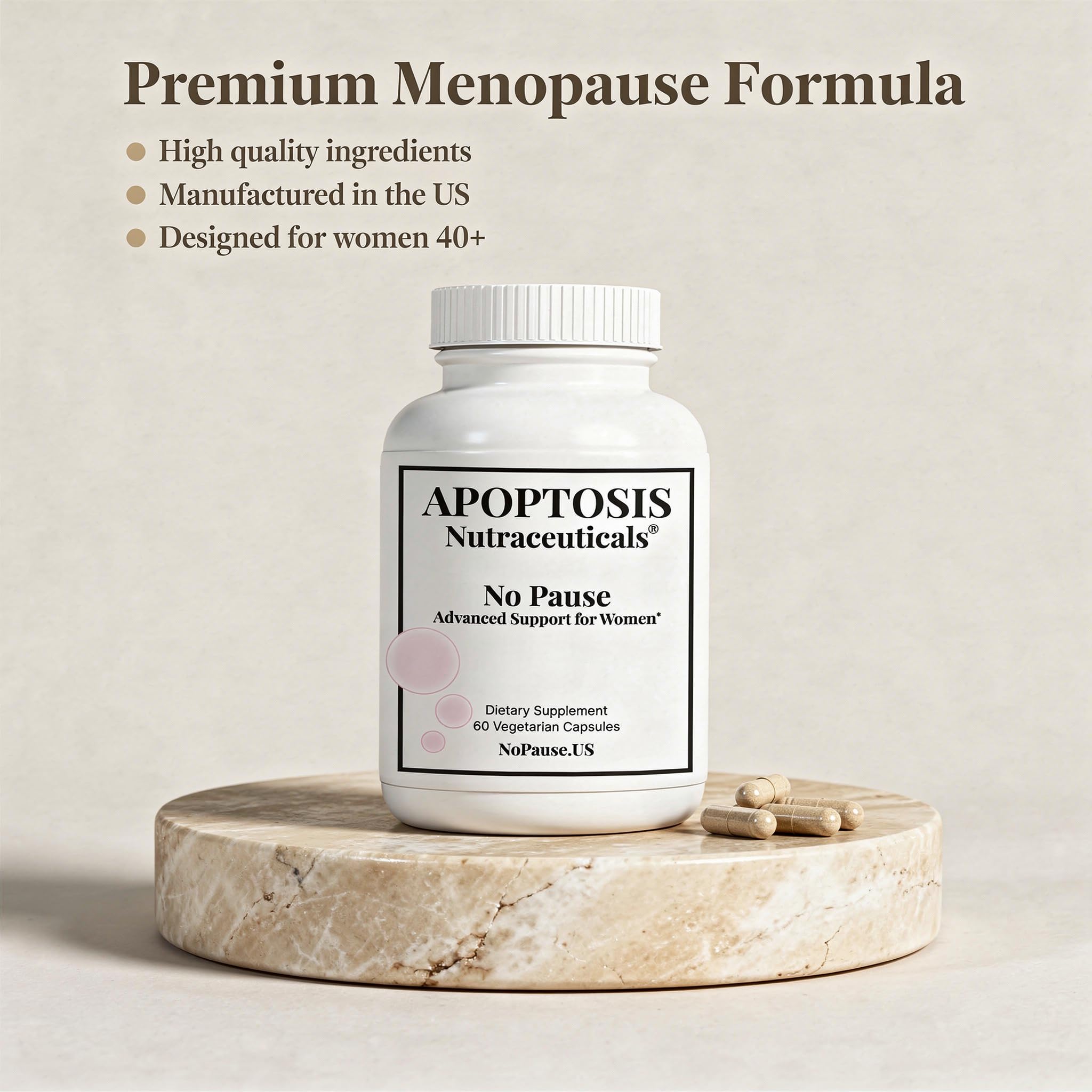 Apoptosis Menopause bottle with glass illustrating daily intake.