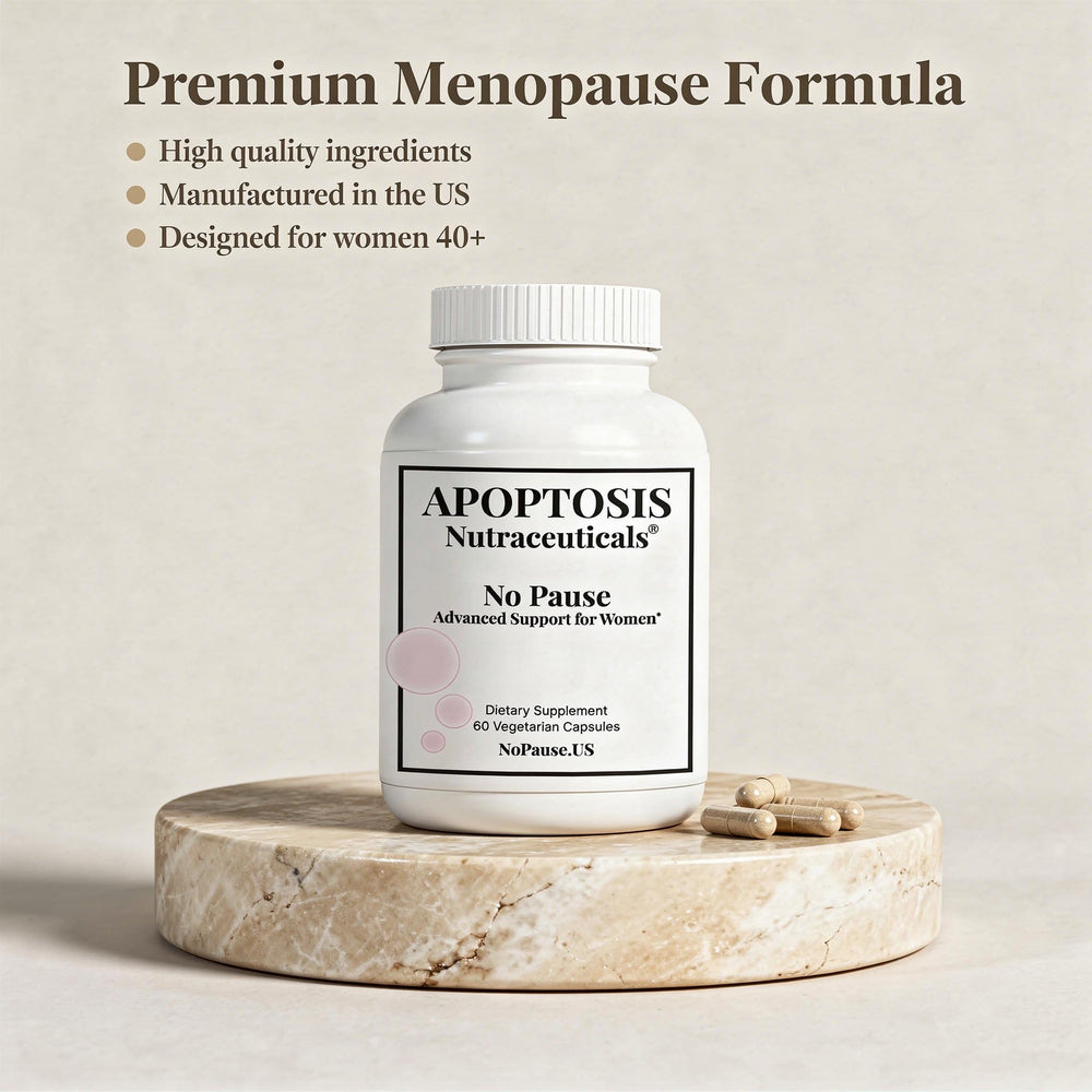 Apoptosis Menopause bottle with glass illustrating daily intake.