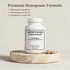 Apoptosis Menopause bottle with glass illustrating daily intake.