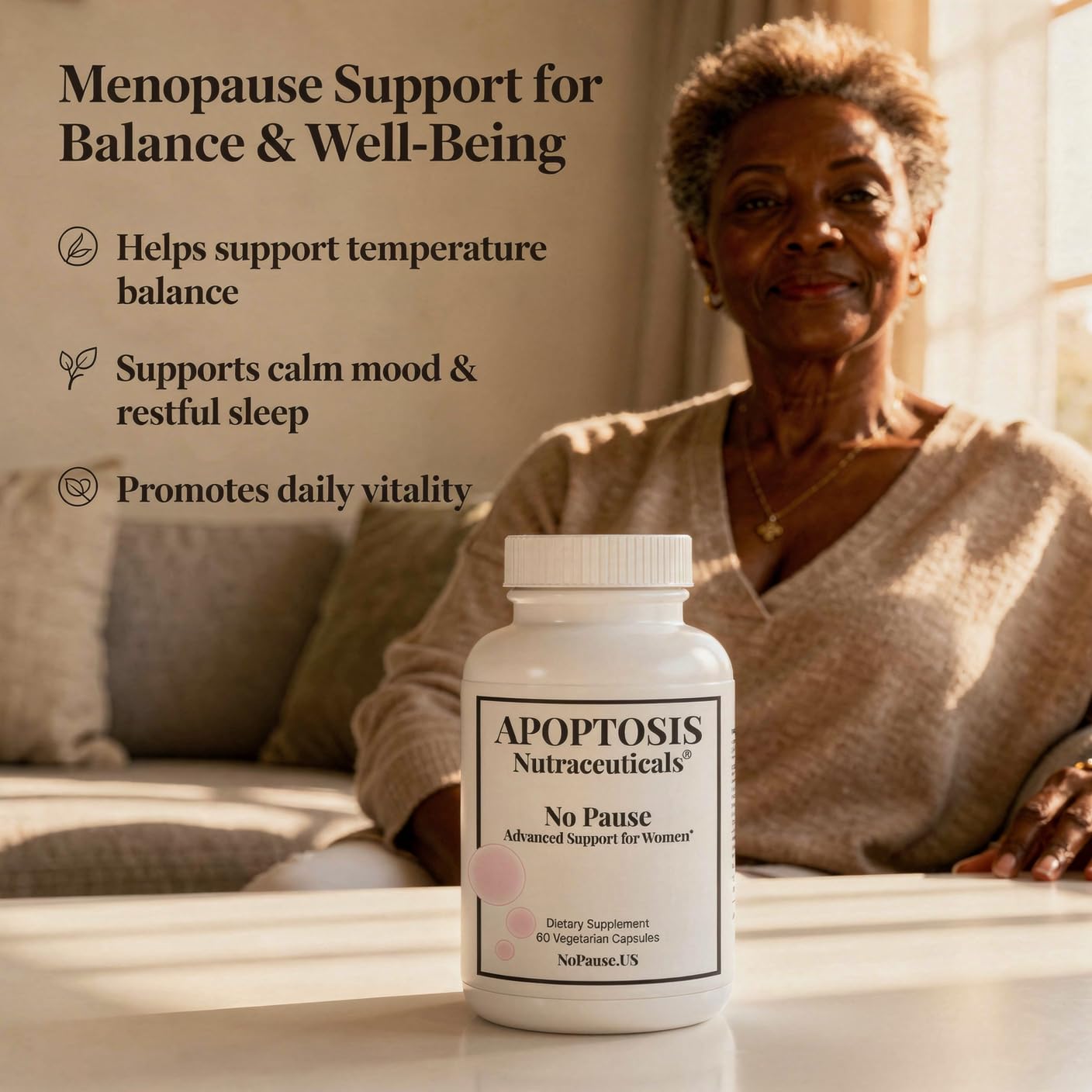 Apoptosis Menopause box packaging on a kitchen counter.