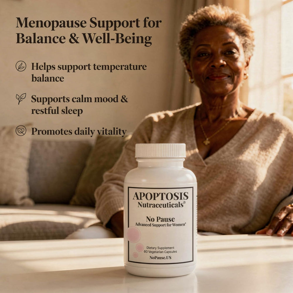 Apoptosis Menopause box packaging on a kitchen counter.