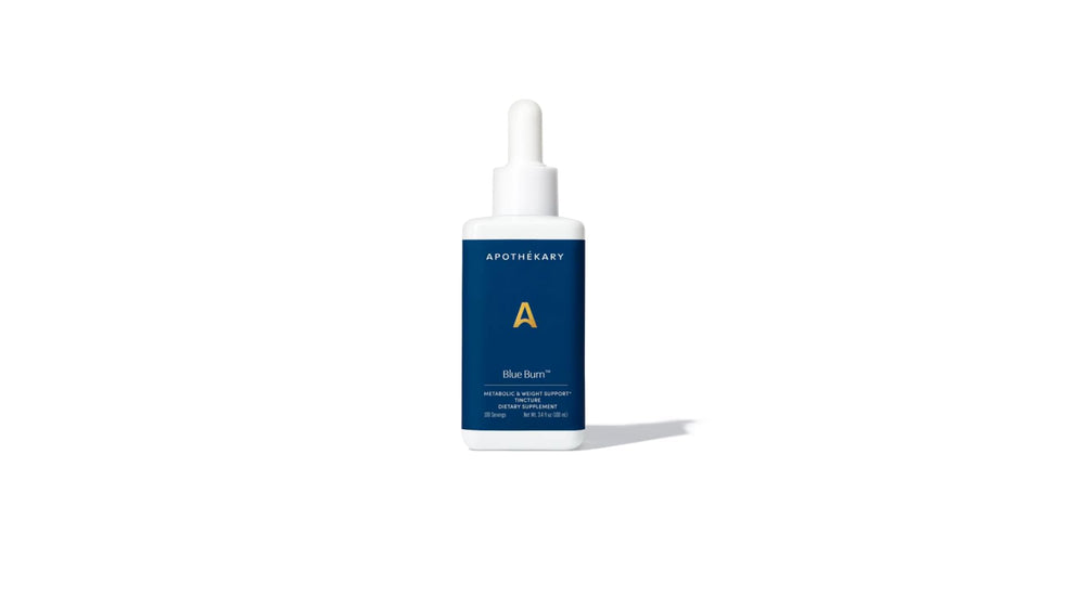 Apothékary Blue Burn Drops bottle highlighting natural herbal blend for metabolism support.