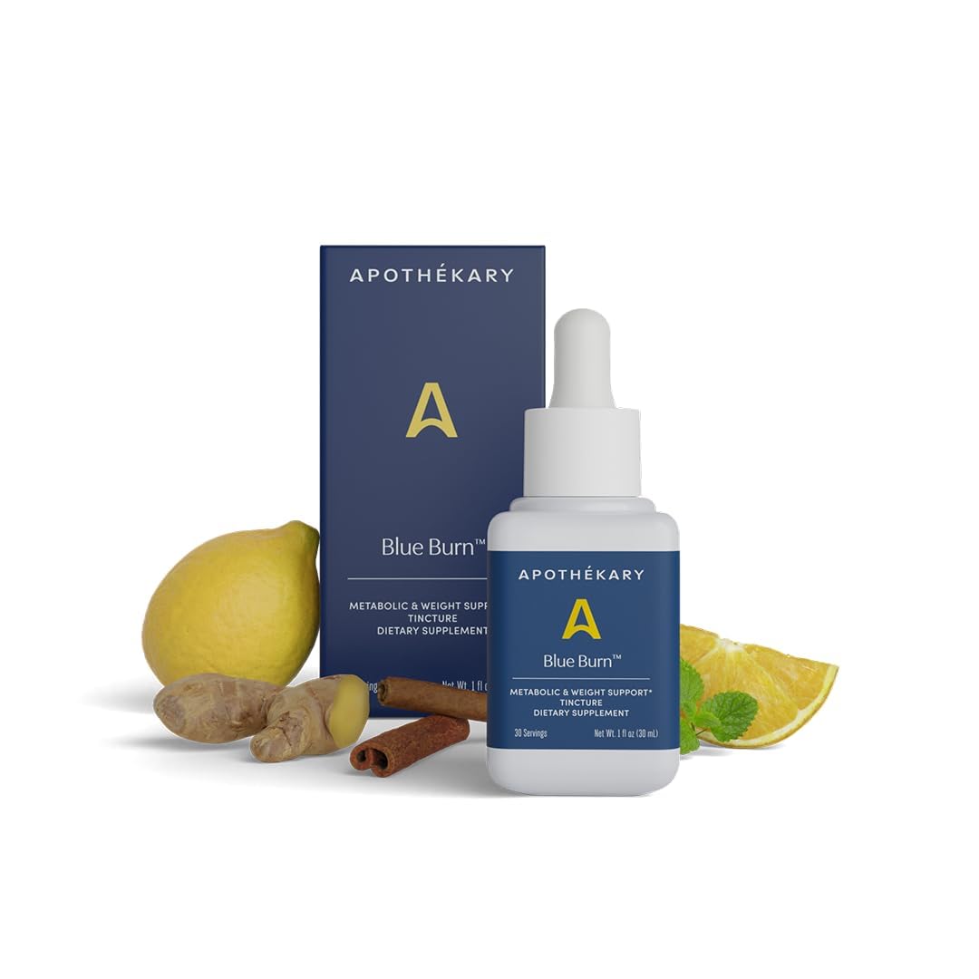 Apothékary Blue Burn Drops bottle on a clean surface for metabolism support.