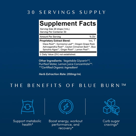 Apothékary Blue Burn Drops dropper dispensing herbal drops for daily energy.
