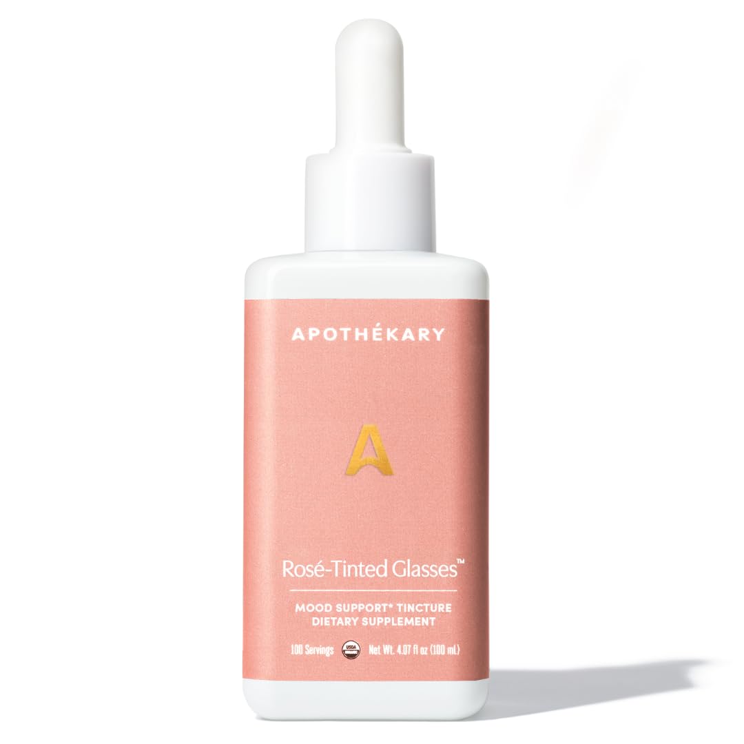 Apothékary Rosé-Tinted Glasses bottle highlights a wine-inspired, alcohol-free drop for mood support and focus.