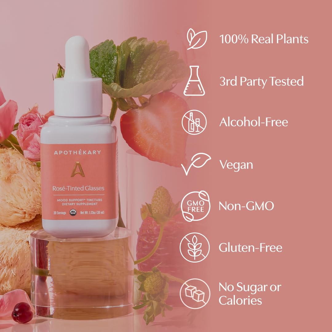 Apothékary Rosé-Tinted Glasses ingredients include schisandra berry and lion’s mane for natural adaptogenic vibes.