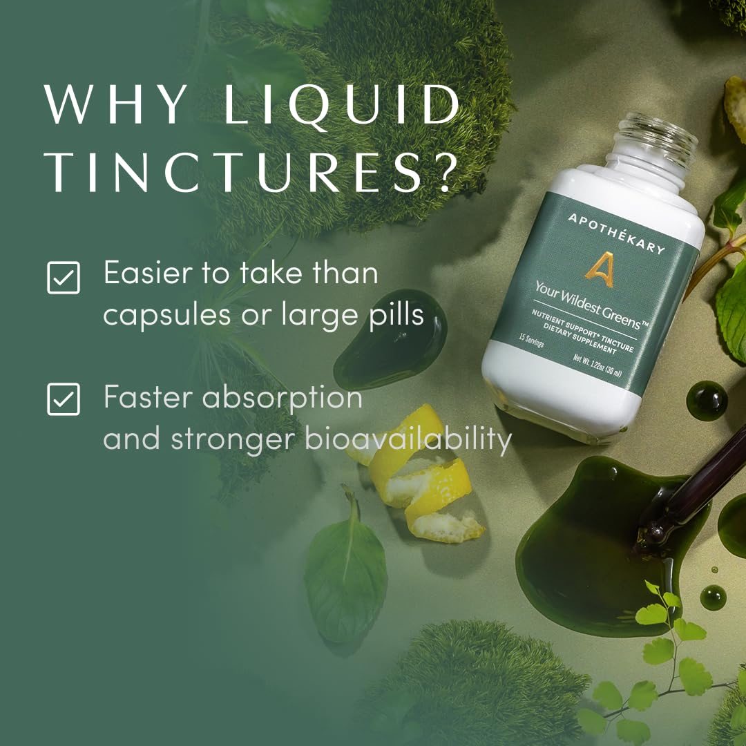 Apothekary Wildest Greens Drops poured into a glass for a greens boost.