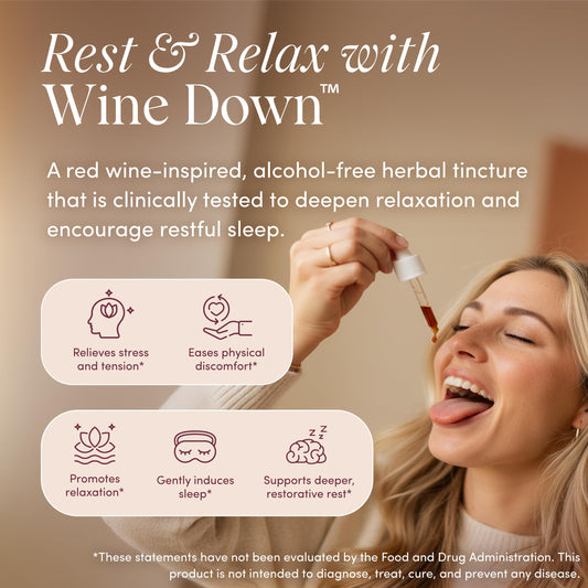 Apothékary Wine Down dropper shows precise dosing for relaxation.