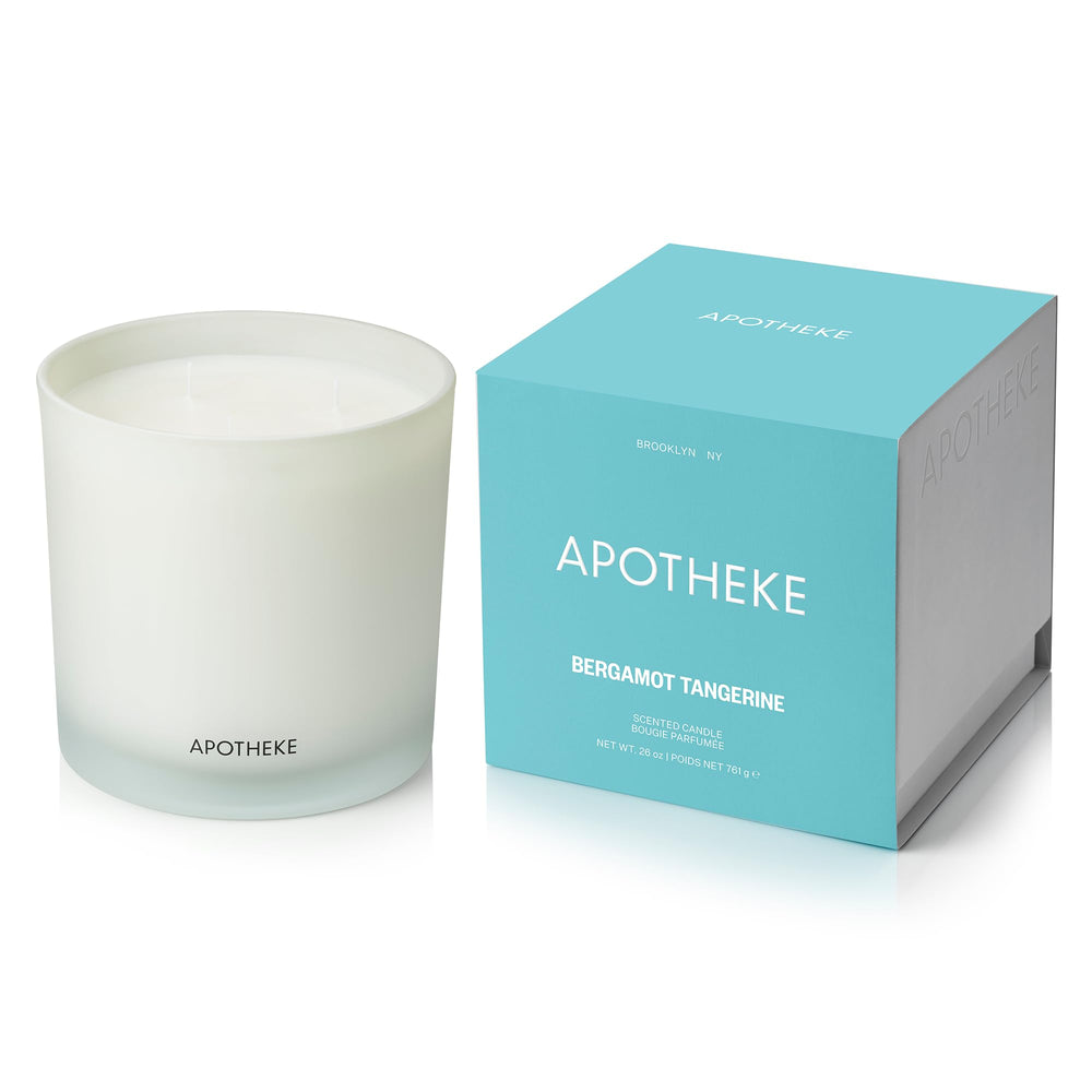 APOTHEKE Bergamot Tangerine 3-Wick candle front view with vibrant citrus aroma
