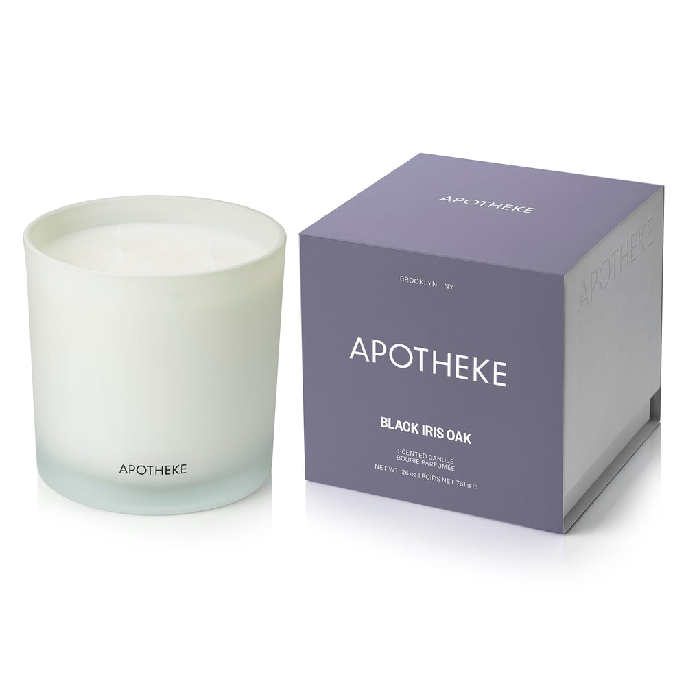 APOTHEKE Black Iris Oak 3-Wick Candle with glass vessel for warm ambiance