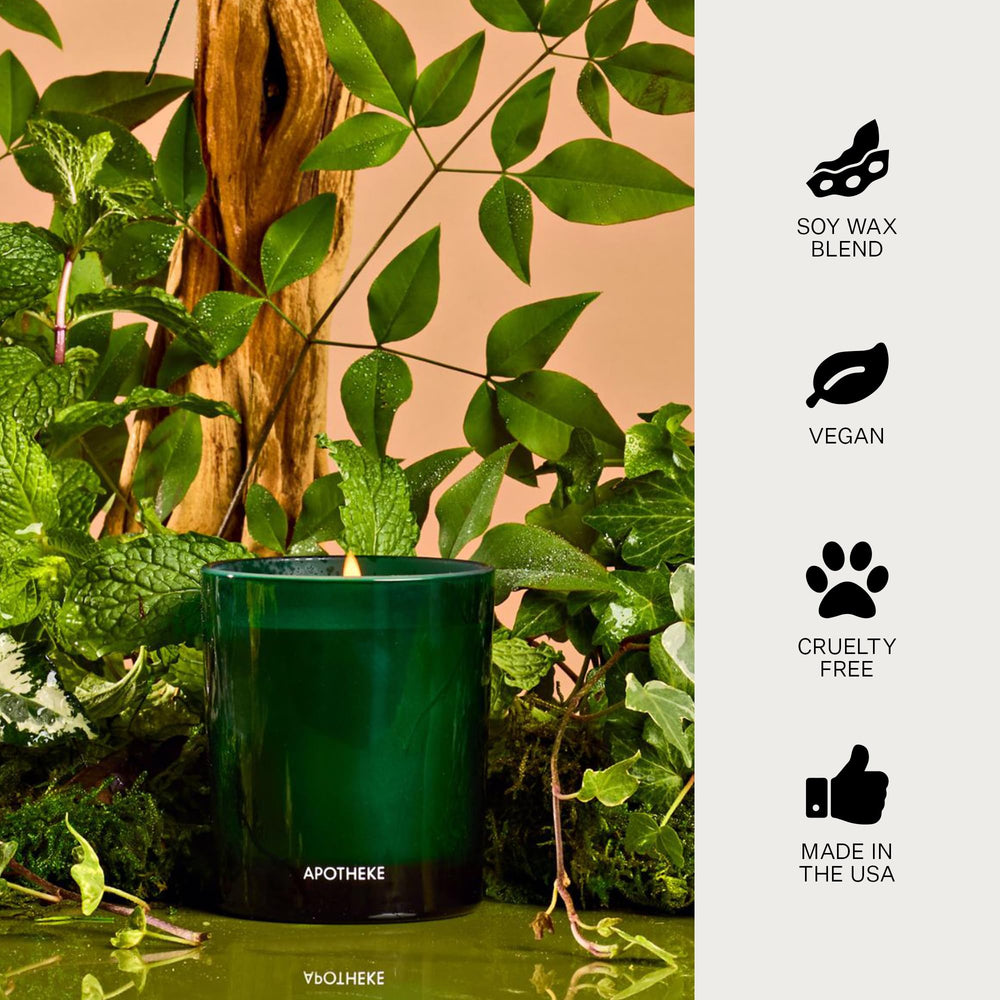 Brooklyn-made APOTHEKE candle in studio setting highlights craftsmanship.