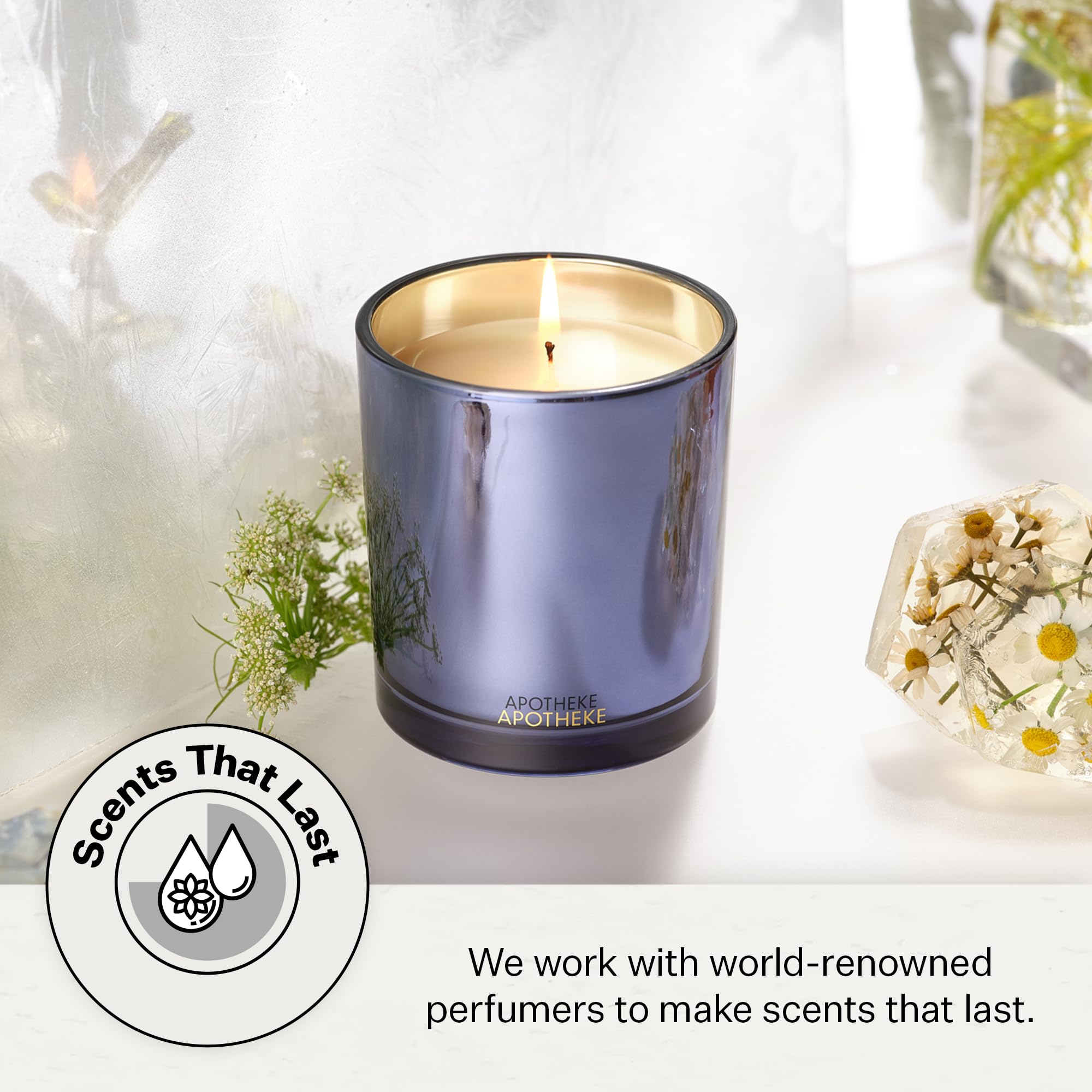 APOTHEKE Cardamom Chestnut candle in blue jar is gift-ready for occasions.