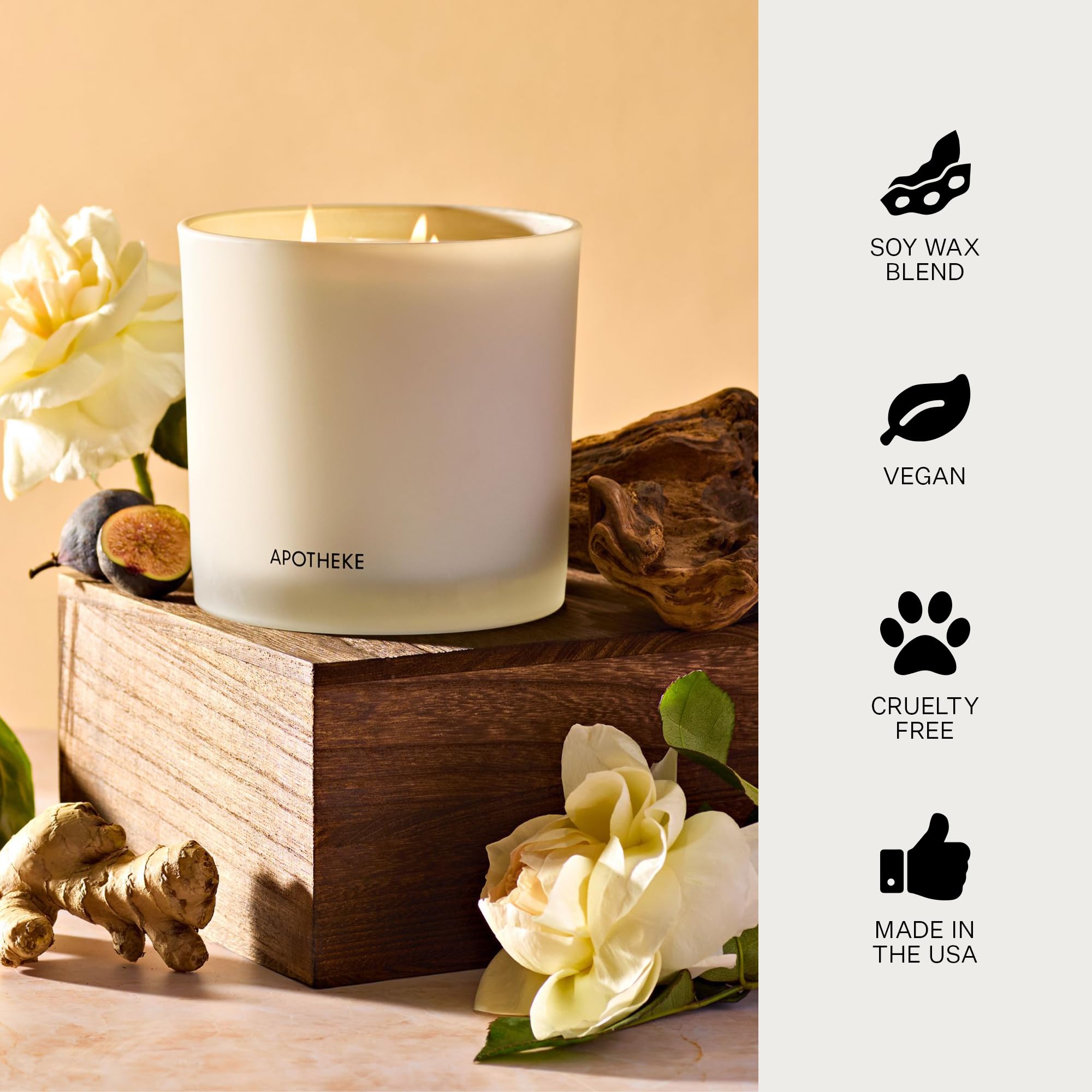 APOTHEKE Cedarwood Ginger candle in a living room setting creates inviting atmosphere.