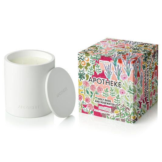 APOTHEKE holy basil rosewater 2-wick candle in concrete jar for long-lasting fragrance