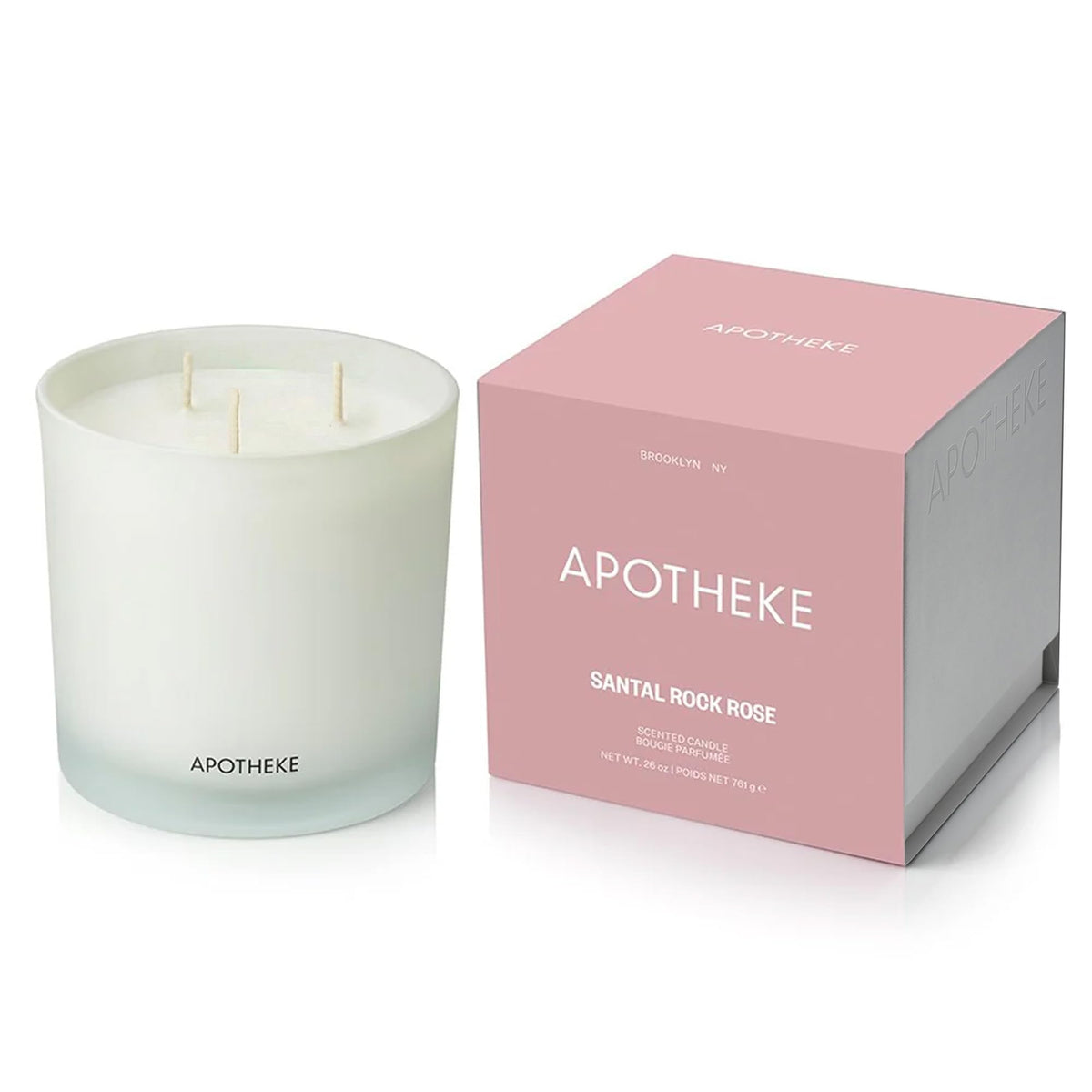 APOTHEKE Santal Rock Rose 3-Wick Candle in a glass jar for long-lasting fragrance.