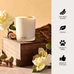 Soy wax blend and cotton wick in APOTHEKE Cedarwood Ginger candle