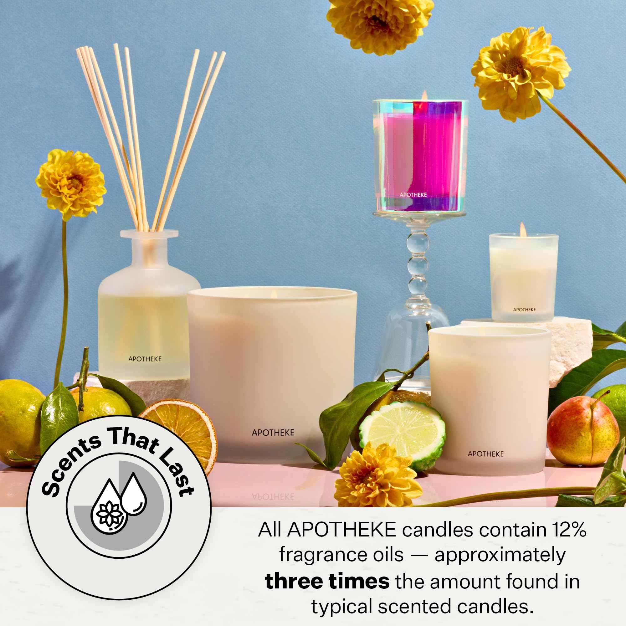 Lit APOTHEKE candle emits warm champagne glow with citrus aroma.