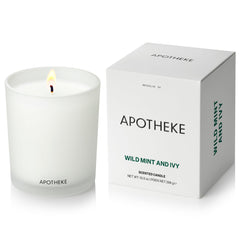 APOTHEKE Signature Wild Mint Ivy candle in a glass vessel for a refined home scent.