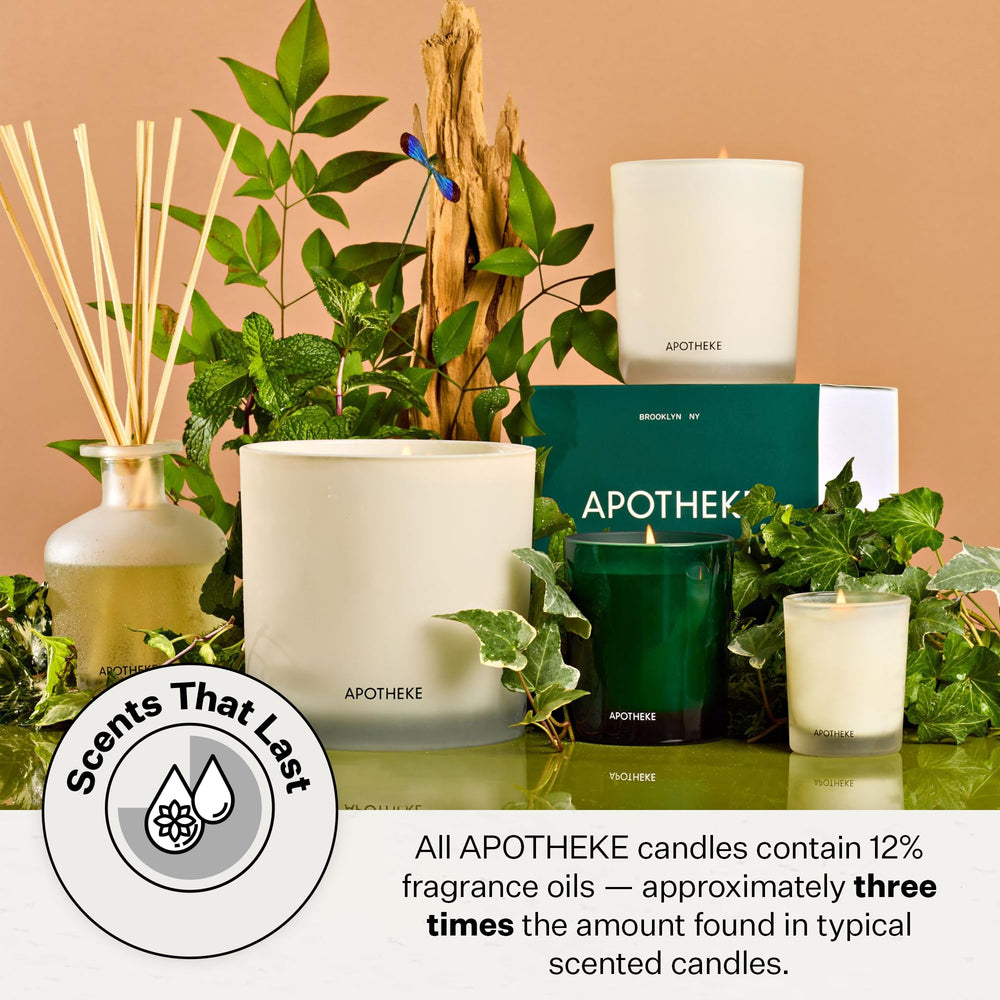 APOTHEKE soy wax blend label highlights vegan and cruelty-free.