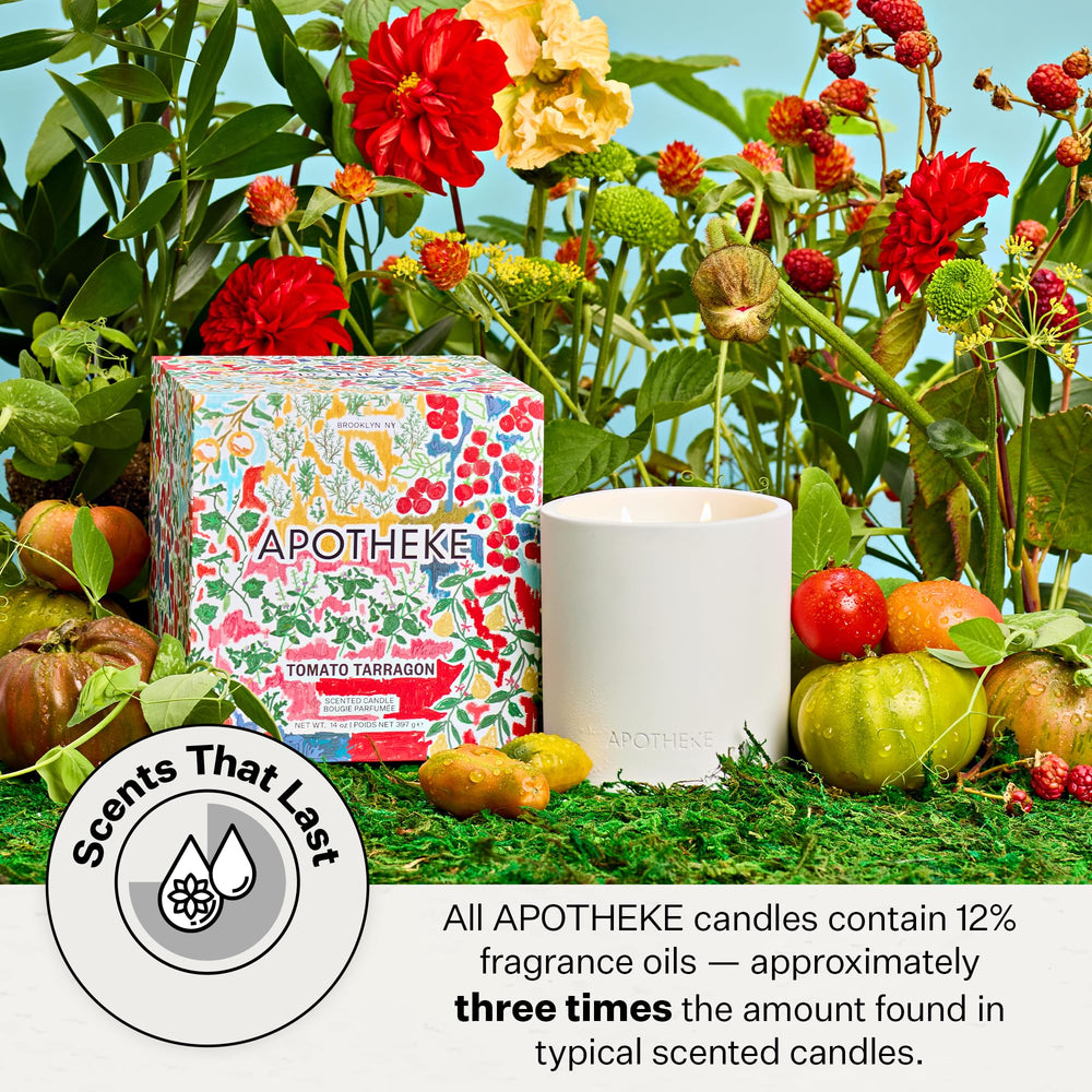APOTHEKE Tomato Tarragon candle packaging emphasizes vegan and cruelty-free formula