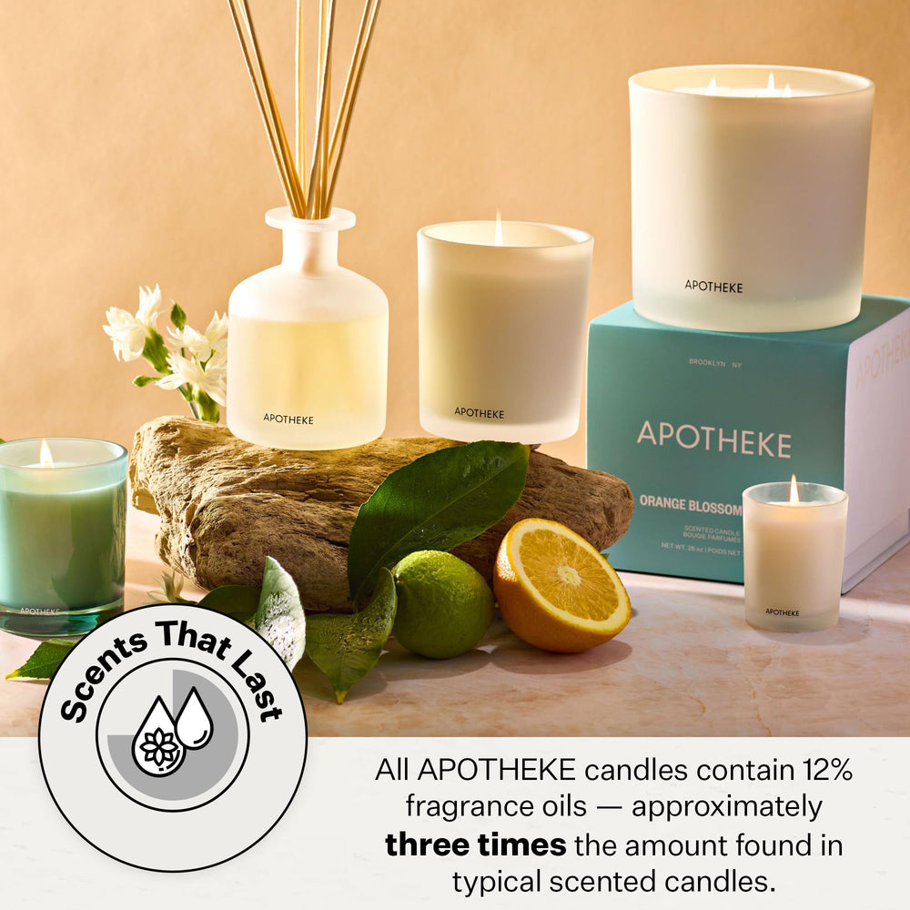 APOTHEKE Verdant Garden candle in glass on table complements decor.