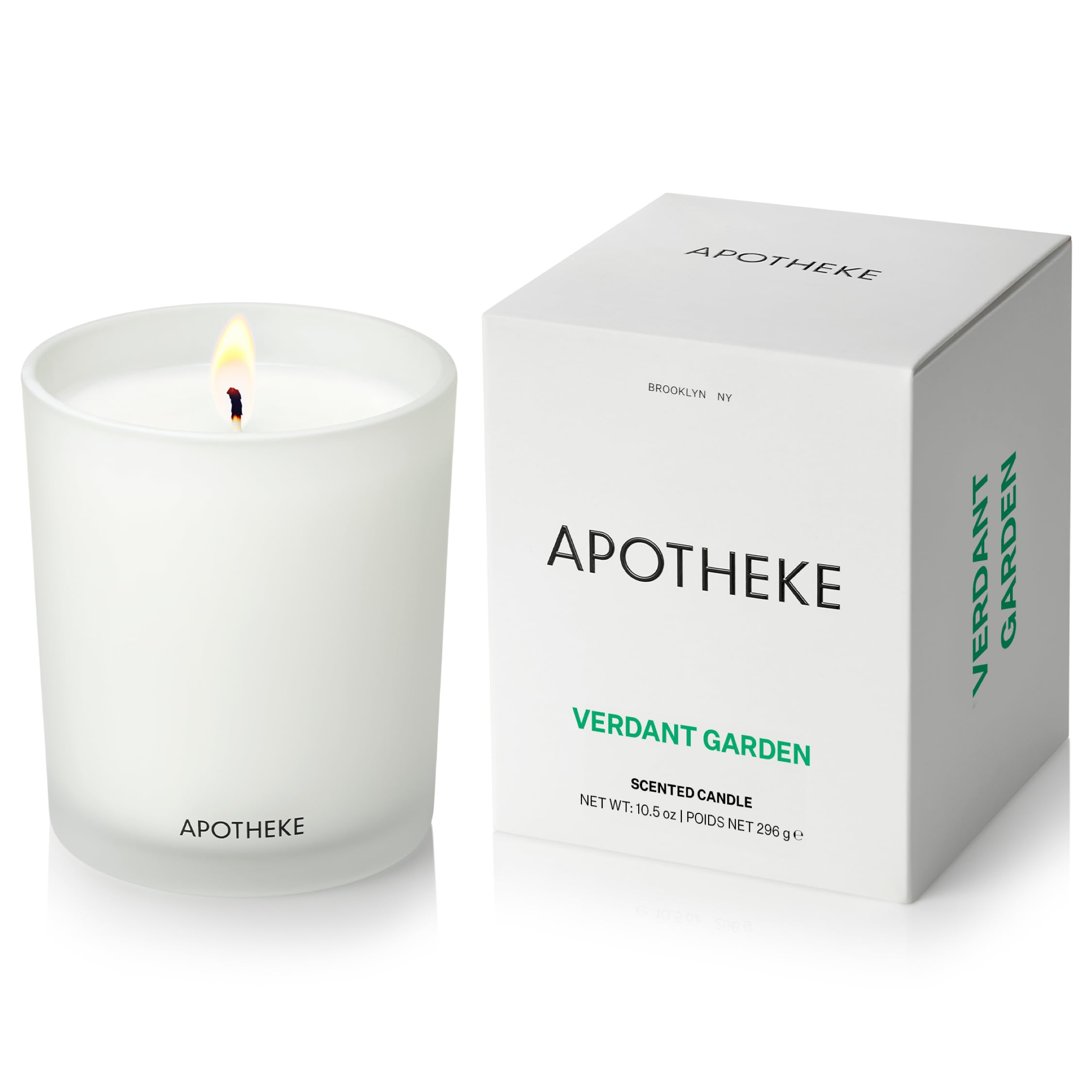 APOTHEKE Verdant Garden candle in a white glass jar elevates home ambiance.