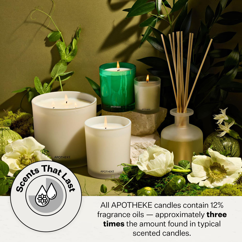 APOTHEKE Verdant Garden cotton wick closeup ensures even, safe burning.