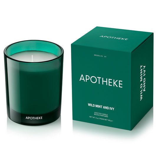 APOTHEKE Wild Mint & Ivy Petite Candle jar shows 5 oz soy wax for lasting fragrance.