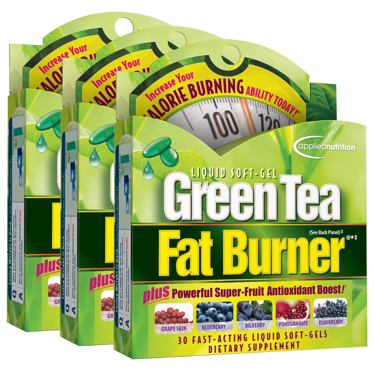 Applied Nutrition Green Tea Fat Burner bottle close-up highlighting packaging for metabolism support.