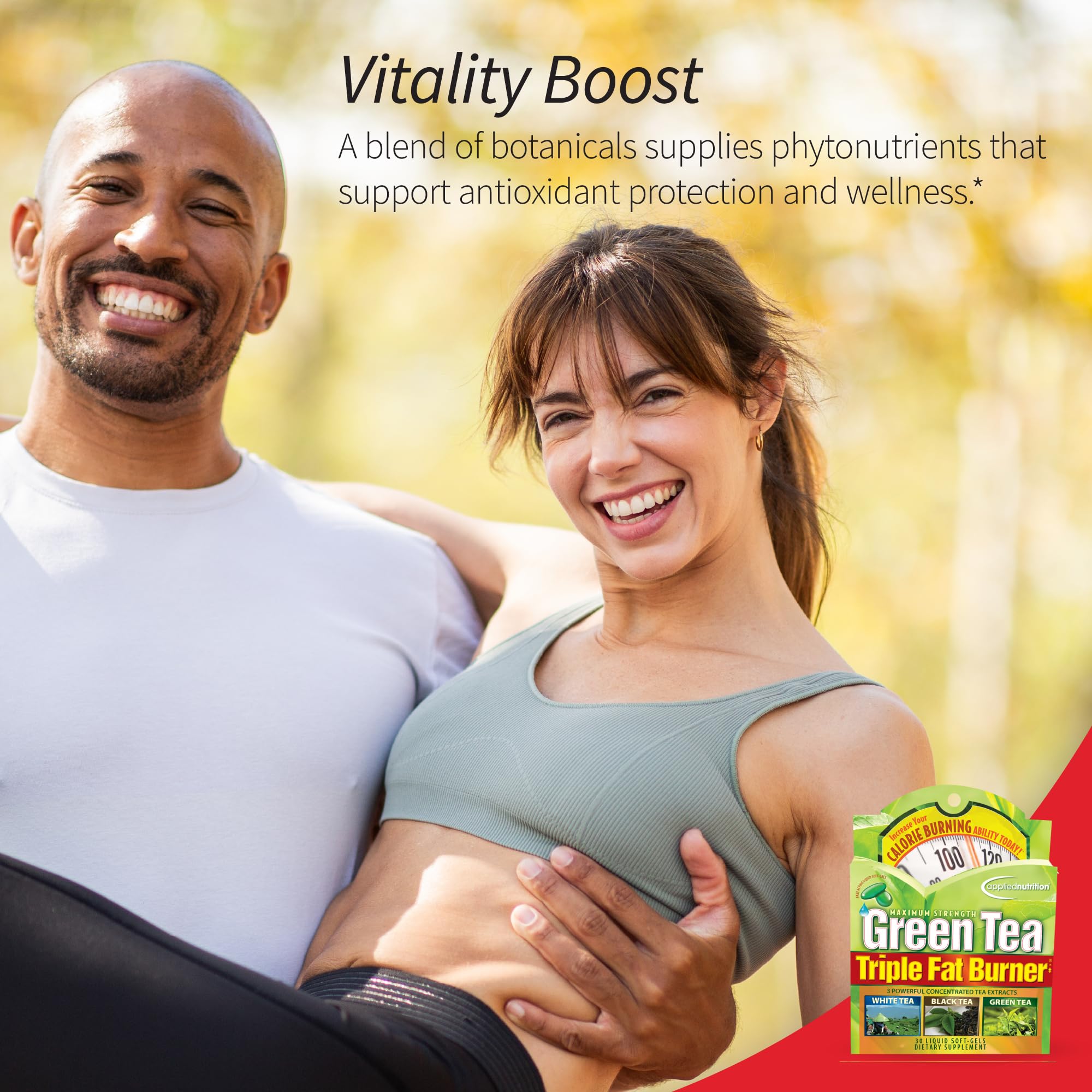 Applied Nutrition Green Tea Fat Burner fruit blend visuals suggest antioxidant support for daily wellness