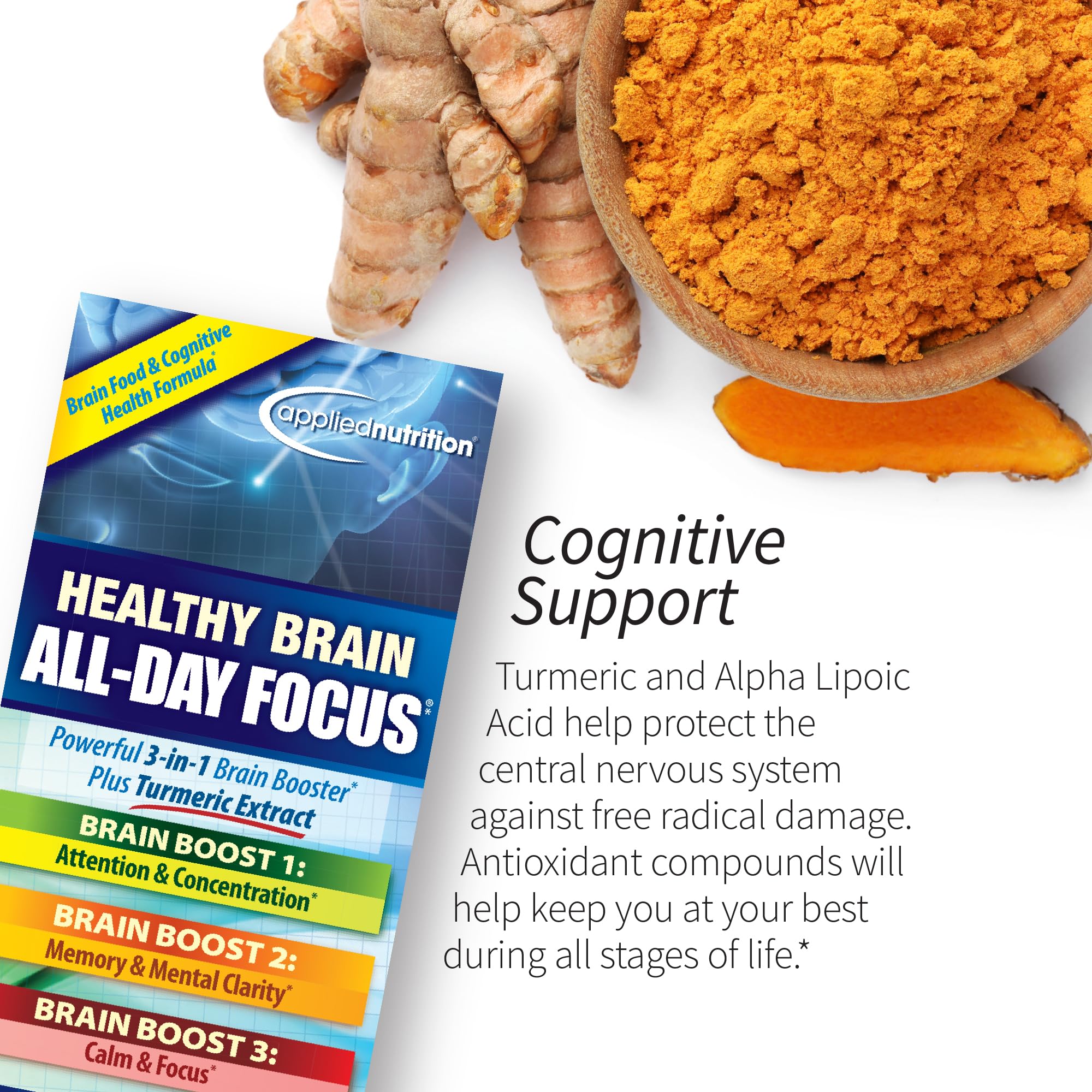 Tablets from Applied Nutrition Healthy Brain All-Day Focus on a study desk