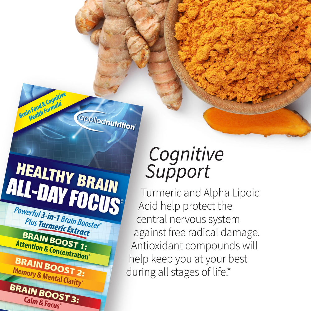 Tablets from Applied Nutrition Healthy Brain All-Day Focus on a study desk