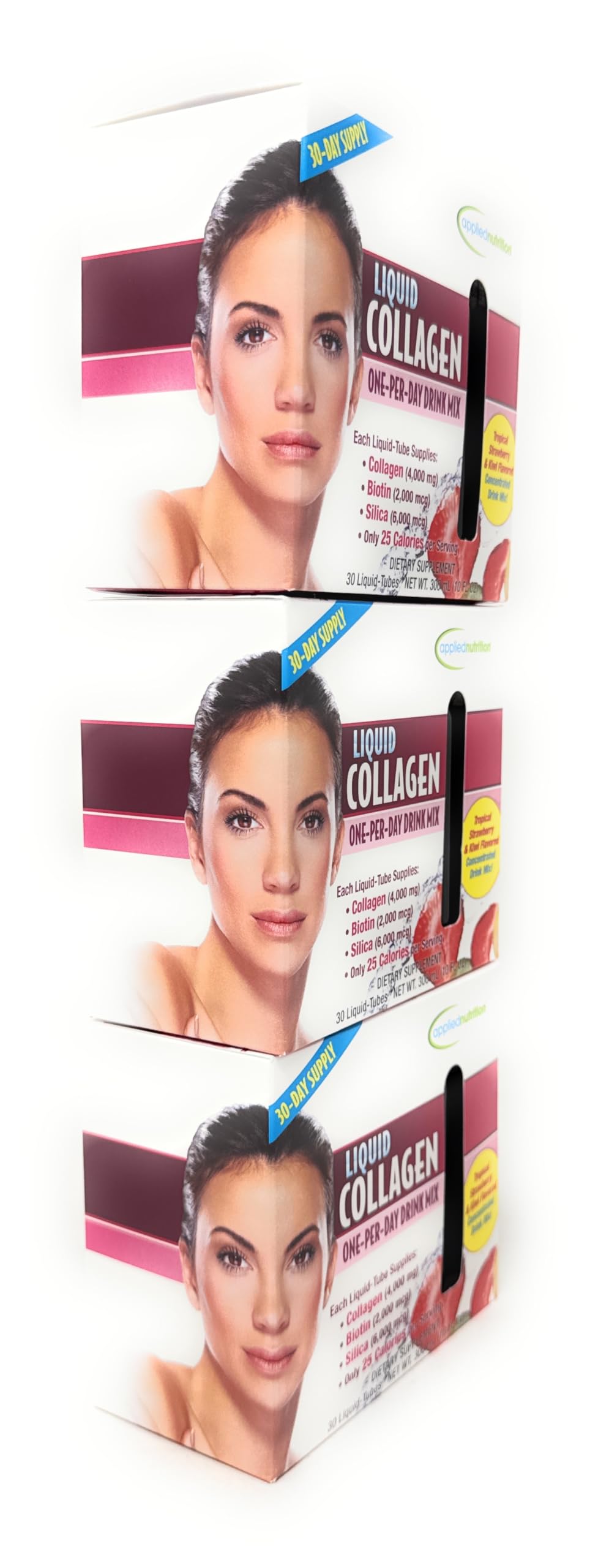 Applied Nutrition liquid collagen bottle close-up shown with concentrated drink mix.
