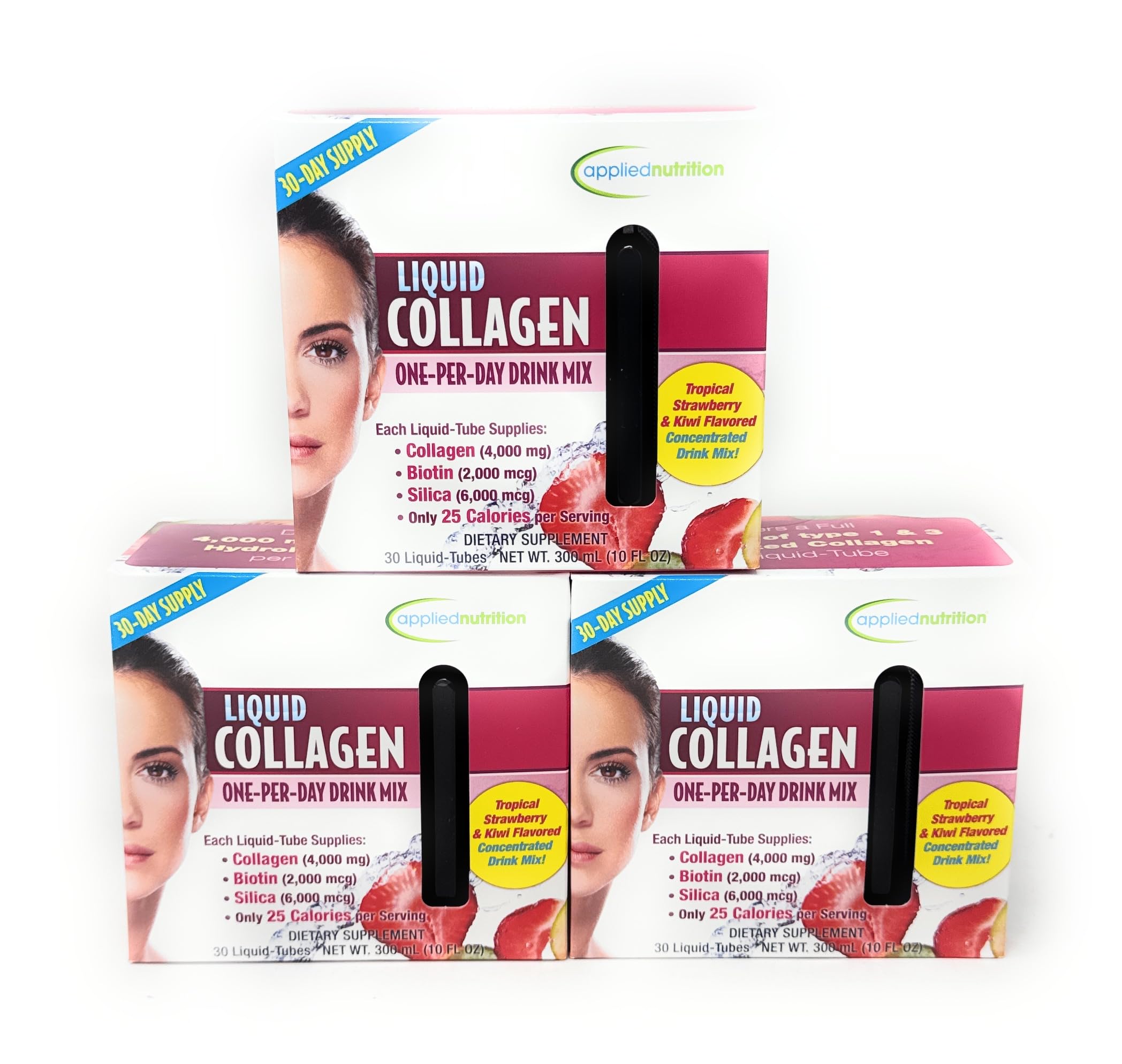 Applied Nutrition liquid collagen bottle label highlights 4000 mg per serving for daily skin routine.